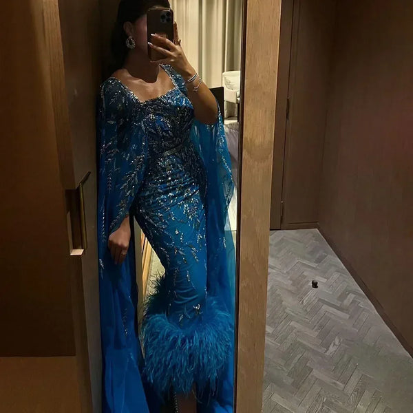 Serene Hill Blue Mermaid Ankle Length Midi Feather Beaded With Cape Evening Dresses Gowns For Women Wedding Party 2025 LA71841A