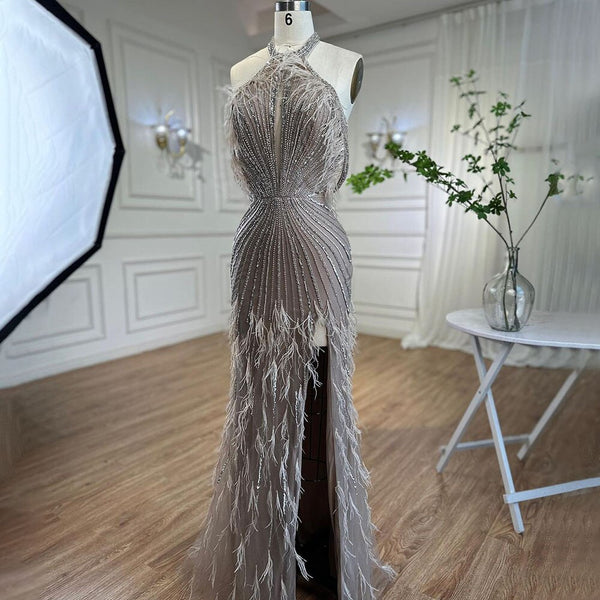 On Sale  no return no refund Serene Hill Carame Mermaid Sleeveless Sexy High Split Beaded Feathers Evening Dresses Gowns For Women Wedding Party 2025 LA72132