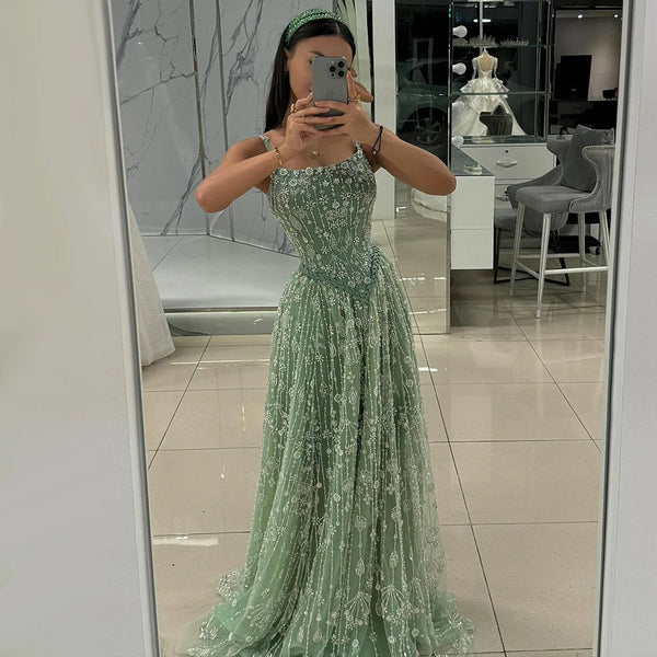 Serene Hill Customized 2025 Sage Green Saudi Beaded A-Line Spaghetti Strap Evening Dresses Gowns for Formal Occasion LA72805