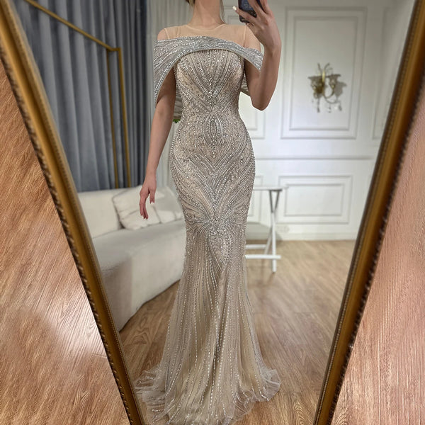 Serene Hill Customized 2025 Saudi Arabic Silver Nude Beaded Mermaid Evening Dress Gown for Formal Occasion LA72800