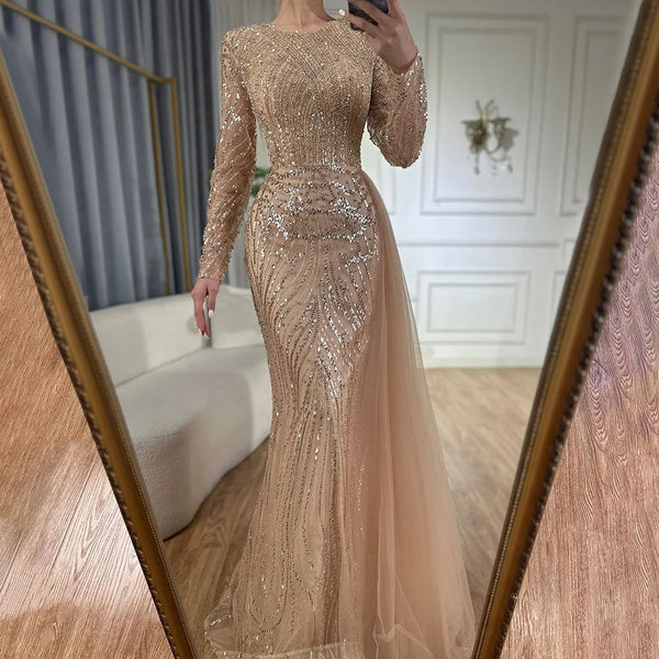 Serene Hill Customized Caramel Beaded Mermaid Long Arabic Evening Dresses Gowns With Overskirt for Formal Occasion 2025 LA71673A