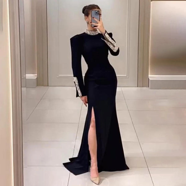 Serene Hill Dubai Arabic Black Satin Split Mermaid Black Luxury Evening Dresses Gowns for Women's Wedding Party 2025 LA72476