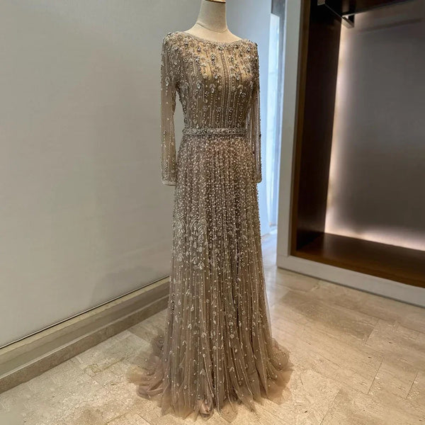 Serene Hill Dubai Arabic Designer Luxury Nude A Line Beaded Evening Dresses Gowns For Women Wedding Party 2025 LA72088