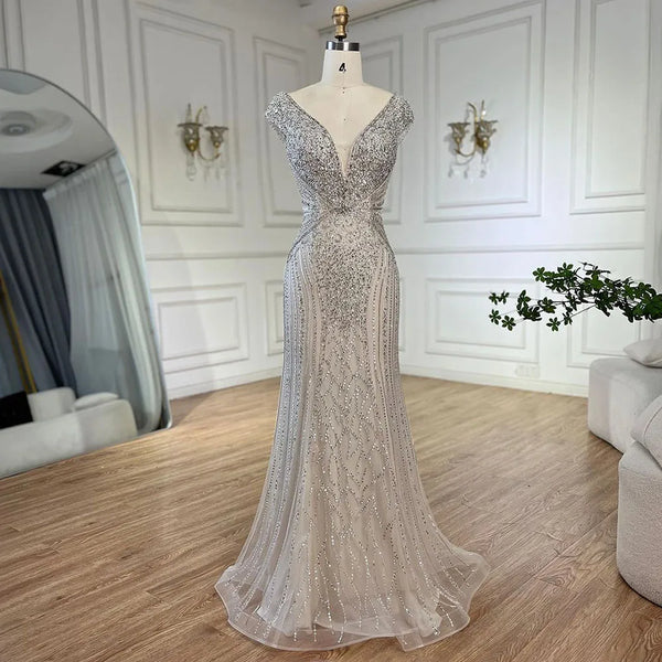 Serene Hill Dubai Beige Elegant Sleeveles Mermaid Beaded Arabic Evening Dresses Gowns for Women Wedding Party 2025 LA72456