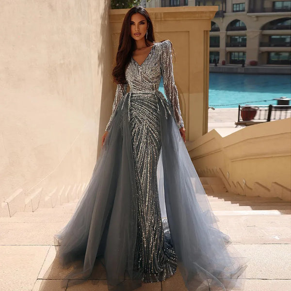 Serene Hill Dubai Mermaid Beaded Luxury Blue Muslim  Evening Dresses Gowns  with Detachable Skirt 2025 For Women Party LA71750