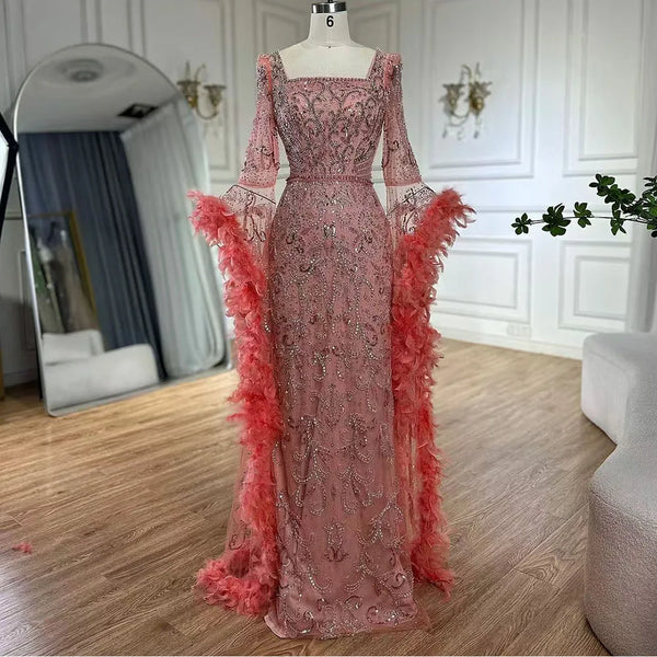 Serene Hill  Flared Sleeves Mermaid Peach Beaded Feather Luxury Evening Dresses Gowns for Women's Party 2025 LA72767