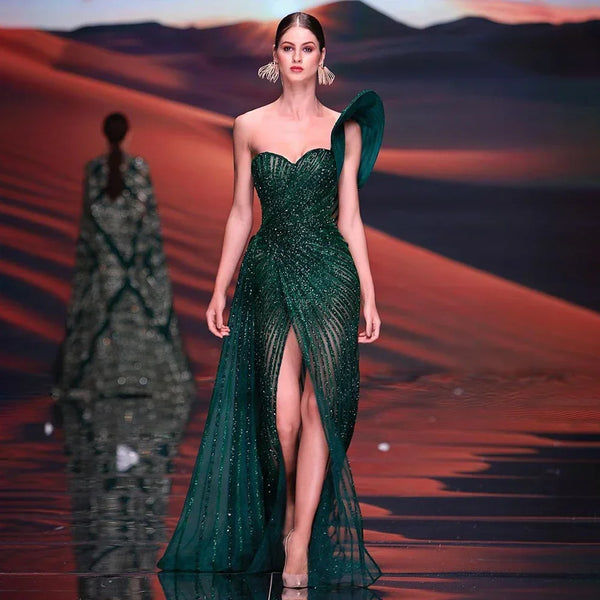 Serene Hill  Green Mermaid High Split One Shoulder Beaded Evening Dresses Gowns For  Wedding Party 2025 LA71779  Customized