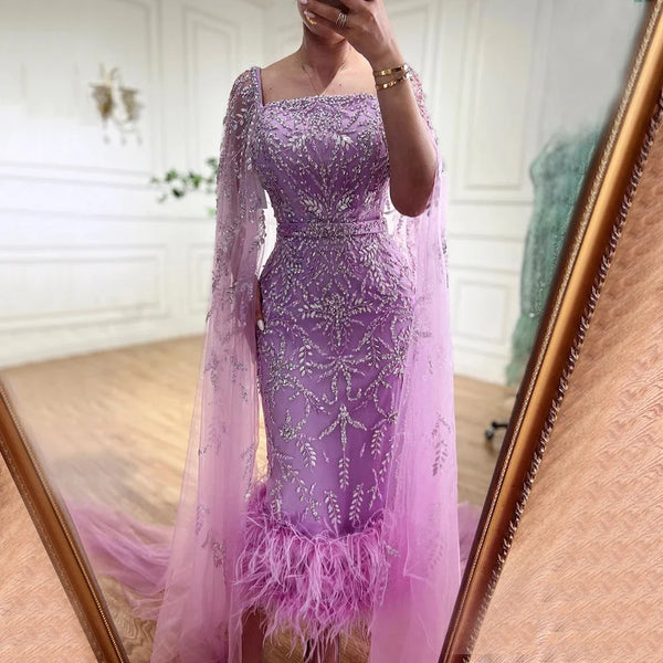 Serene Hill Lilac Mermaid Ankle Length  Midi Feather Beaded Luxury Evening Dresses With Cape Gowns For Women Party 2025 LA71841