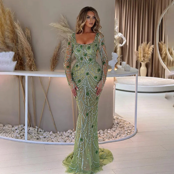 Serene Hill Luxury Dubai Green Mermaid Elegant Crystal Beaded Arabic Evening Dresses Gowns For Women Wedding Party 2025 LA72242