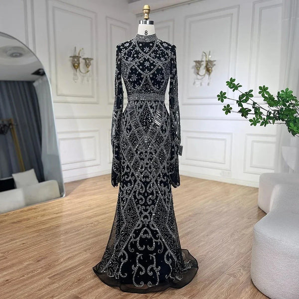 Serene Hill Muslim Grey Mermaid Elegant Nude Cape Sleeve Beaded Luxury Dubai Long Evening Dress 2025 Women's Party LA72316