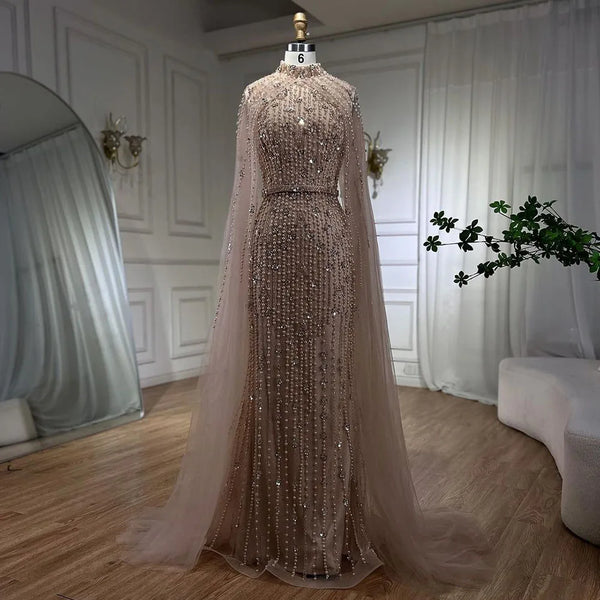 Serene Hill Muslim Nude Mermaid Cape Sleeves Pearls Beaded Luxury Dubai Evening Dresses Gowns 2025 Women Wedding Party LA72372