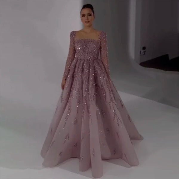 Serene Hill Muslim Pink A Line Beaded Luxury Dubai Long Evening Dresses Gowns 2025 For Woman Wedding Party LA71915