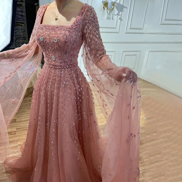 Serene Hill Muslim Pink A Line Square Collar Beaded Luxury Dubai Evening Dresses Gowns 2025 For Women Wedding Party LA71803A