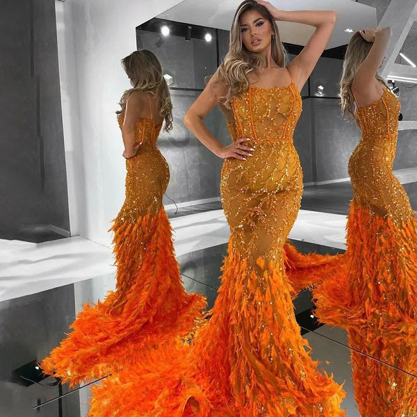 Serene Hill Orange Spaghetti Strap Mermaid Evening Dresses Gowns Luxury Feathers Beaded for Women Wedding Party 2025 LA72272