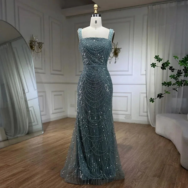 Serene Hill Turquoise Mermaid Beaded Pearls Spaghetti Straps and Floor Length Evening Gown Party Dress for Women 2025 LA72032C