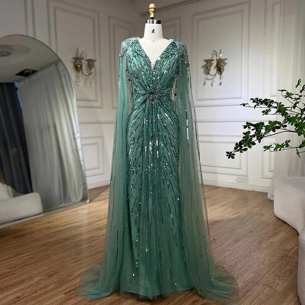 Serene Hill Turquoise Mermaid Evening Dresses Gowns 2025 with Beaded  With Cape for Women's Wedding Party LA72168A