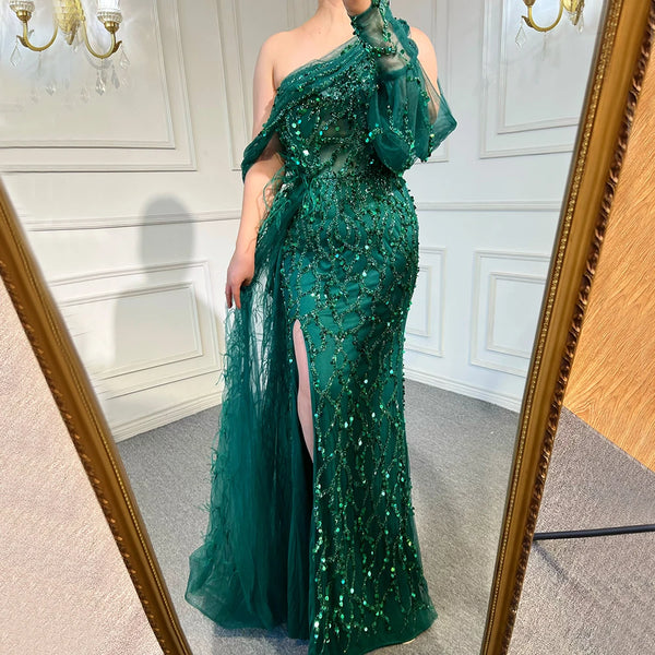 Serene Hill Turquoise Mermaid Overskirt Evening Dresses Gowns 2025 Luxury Beaded Elegant For Women Party LA71466