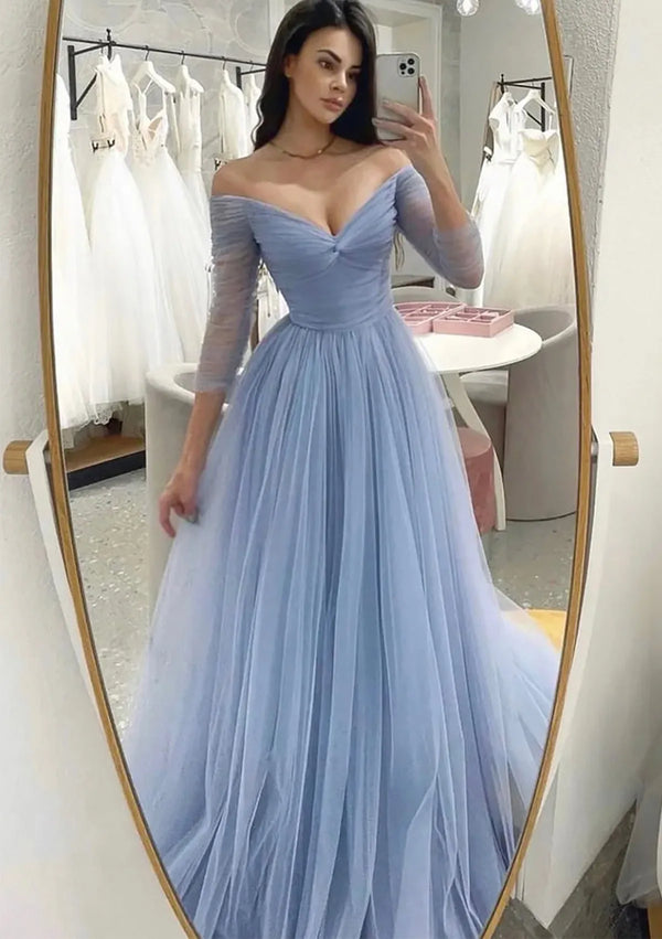 Serene Hill 2025 Arabic Blue A-Line Off-the-Shoulder Tulle Prom Dress with Pleats for Women's Party LA72690