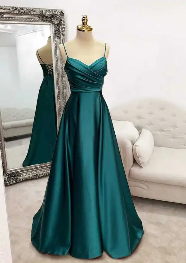 Serene Hill 2025 Arabic Green A-Line Spaghetti Straps Floor-Length Satin Prom Dress with Pleats for Women's Party LA72684