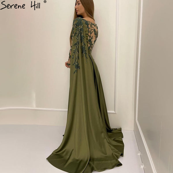 On Sale no return no refundSale Arabic One Shoulder Olive Green Muslim Evening Dress with Cape Long Sleeves Women Wedding Party Gowns Elegant Plus Size LA70985