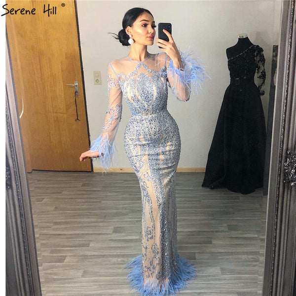 Blue  Long Sleeve Feathers beaded Evening Dresses Dubai Mermaid Luxury Evening Gowns 2025 Serene Hill LA60932