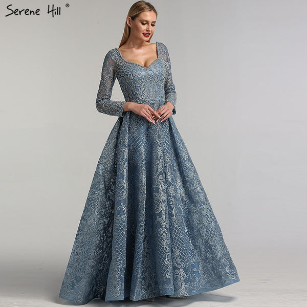 Dubai Blue Muslim  Lace  Beading  Luxury Evening Dresses 2025 Long   Plus Size Dress   Evening Gowns LA60899  For Women