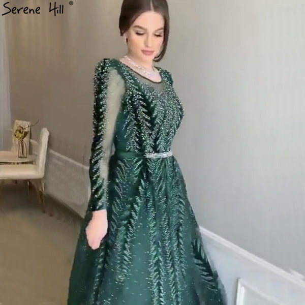 Dubai Design Green Long Sleeves Evening Dresses 2025 O-Neck Beading Sequined A-Line Formal Dress Serene Hill LA70040