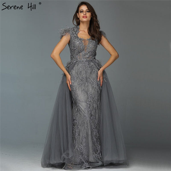 Dubai Grey Sleeveless Tulle Evening Dresses Design 2025 Crystal Feathers Luxury Formal Dress Serene Hill LA70020