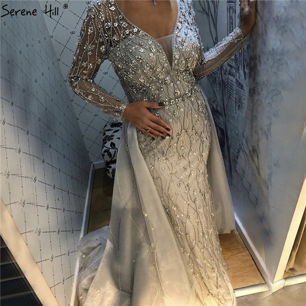 Dubai Luxury Grey With DetachableTrain Evening Dresses 2025 Long Diamond Mermaid Beading Formal Dress Serene Hill LA70341