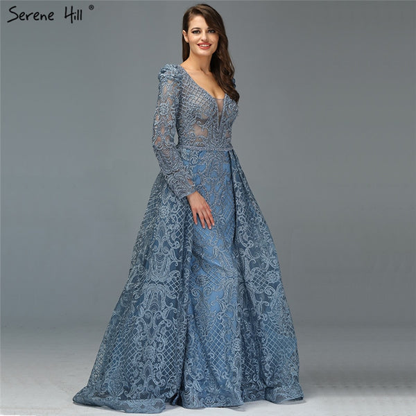 Dubai  Muslim Blue Luxury Long elegant  Evening Dresses 2025 Crystal Mermaid Evening Gowns Plus Size LA70159