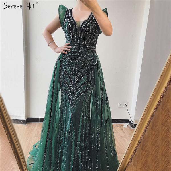 Dubai Navy Blue Deep-V Sexy Evening Dresses 2025 Sleeveless Crystal Luxury Mermaid Evening Gowns Design Serene Hill LA70198