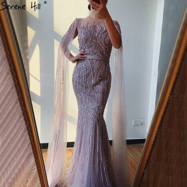 Dubai Pink Luxury Long Sleeves Evening Gowns 2025 Mermaid Sequins Beading Sexy Fromal Dresses Serene Hill LA70160