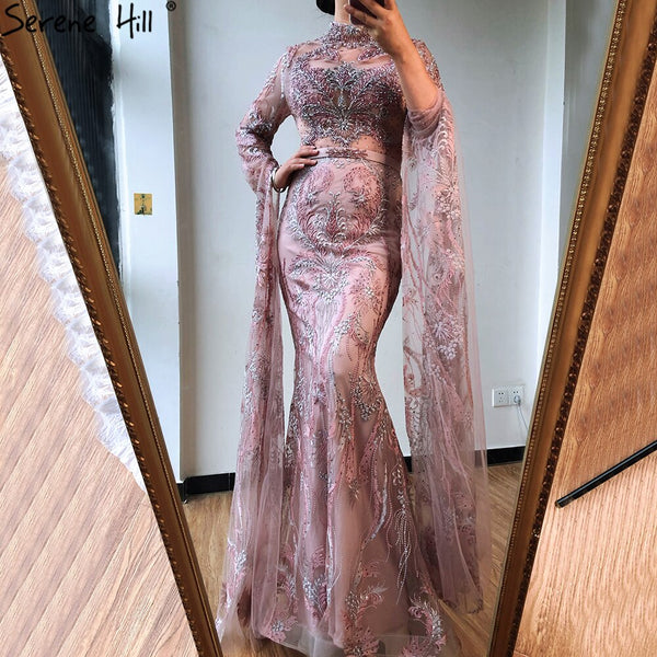 Dubai Pink Mermaid Luxury Evening Dresses 2025 Long Sleeves Crystal Beading Formal Dress Serene Hill LA70595