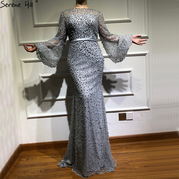 On Sale no return no refundSale Grey Full Pearls Mermaid Evening Dresses 2025 Long Sleeves Sexy Fashion Formal Evening Gowns Serene Hill Plus Size LA6556