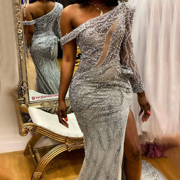 On Sale  no return no refund Grey One Shoulder Luxury Evening Dresses Gowns 2025 Beaded Mermaid Elegant For Women Party Serene Hill LA71622