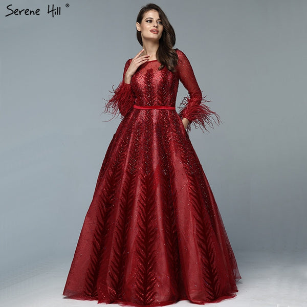 Luxury Wine Red  Dubai Design Evening Dresses Long Sleeves Feathers Crystal Formal Dress 2025 Serene Hill LA70013