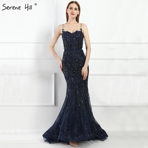 On Sale no return no refundSale Navy Blue Luxury Mermaid Lace Elegant Evening Dresses Spaghetti Strap Beaded 2025 For Women Party LA6105