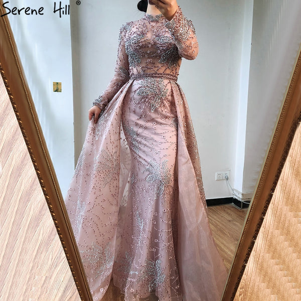 Pink Mermaid Crystal Long Sleeves Evening Dresses 2025 Dubai High Neck Sparkle Formal Dress Serene Hill LA70582