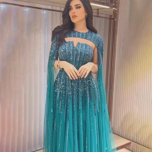 Serene Hill Arabic Green Cape Sleeves A Line Beaded Evening Dresses Long 2025 Celebrity Gowns For Woman Wedding Party LA71912