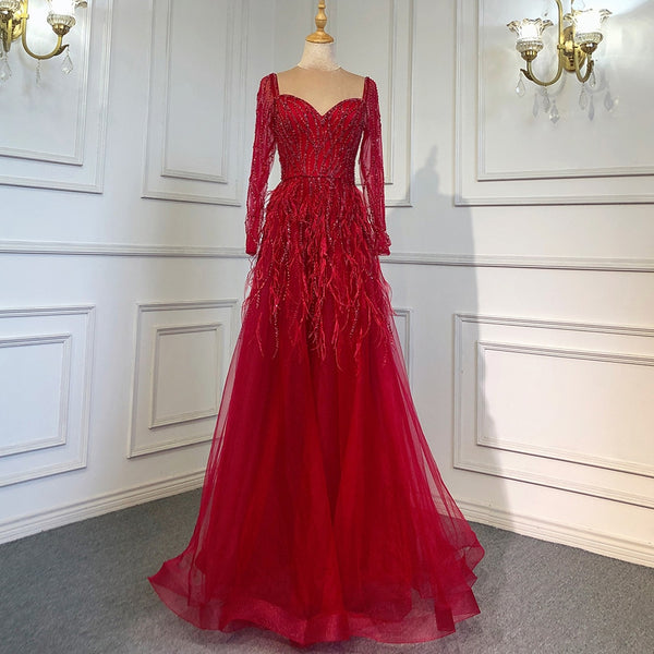 On Sale  no return no refund Serene Hill Arabic Red A-Line V-Neck for Women Long Sleeves Evening Dress Luxury Beaded Handmade Feathers 2025 LA71468