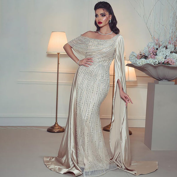 Serene Hill Beige One Shoulder Cape Sleeve Elegant Mermaid Beaded Luxury Evening Dresses Gowns 2025  For Woman Party LA71694