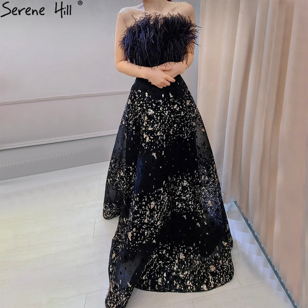 Serene Hill Black A-Line Sexy Evening Dresses Gowns 2025 Feather Beaded Luxury For Women Wedding Party LA71480