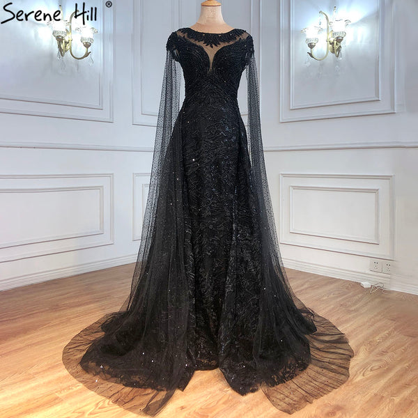 Serene Hill  Black  Sleeves  Luxury  2025 Lace Beaded Cape Sleeves  Mermaid Evening Gowns Elegant For Woman Party  LA71173