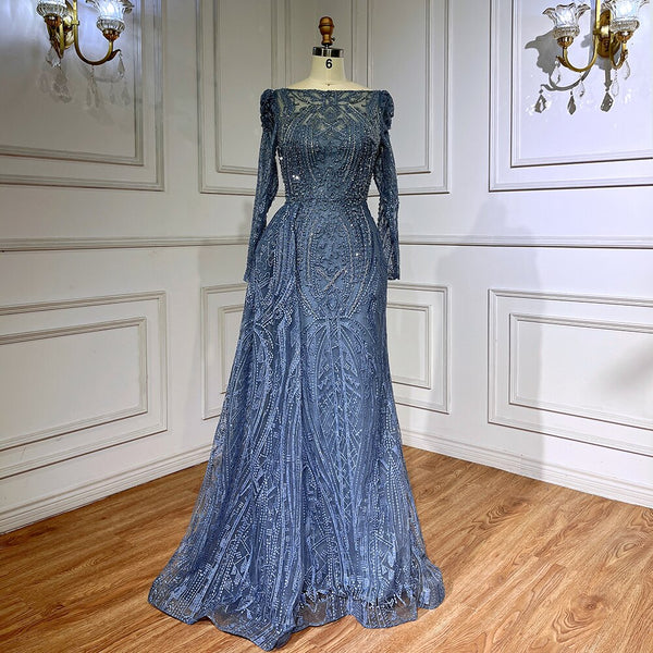 Serene Hill Blue Elegant Over Skirt Mermaid Sexy Lace Beaded Luxury Evening Dresses Gowns For Women Muslim Party 2025 LA71833