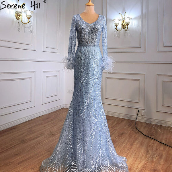 Serene Hill Blue Mermaid Luxury Evening Dresses Gowns Feather Beading Luxury Elegant For Women Party  Plus Size 2025 LA70968