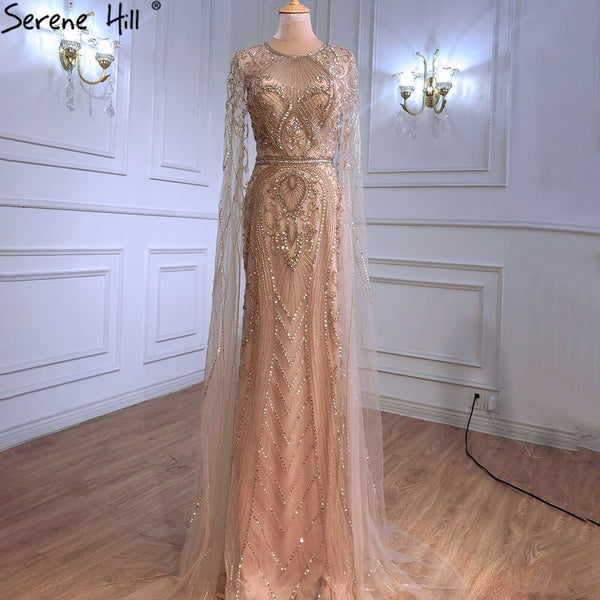 On Sale  no return no refund Serene Hill Gold Elegant Mermaid Evening Dresses Gowns 2025 Luxury With Cape Sleeves Beading For Women Party LA70970