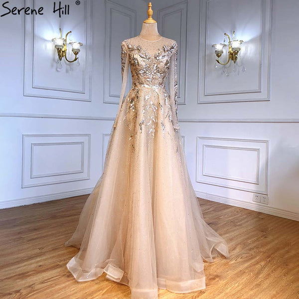 Serene Hill Gold Muslim Luxury Evening Dresses Gowns 2025 A-Line Beaded Sparkle For Women Party  LA71387