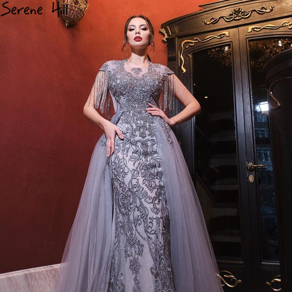 Serene Hill Grey Luxury With Train Evening Dresses Gowns 2025 Cap Sleeves Beading Mermaid For Women Party LA60845