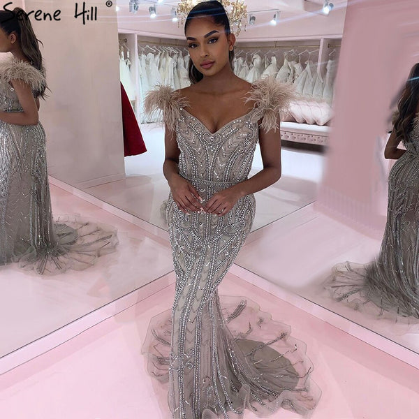 Serene Hill Lilac Luxury Mermaid Evening Dresses Gowns 2025 Elegant Feathers Beading Sexy For Women Party LA70830