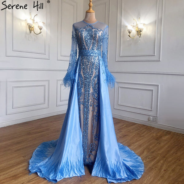 Serene Hill Muslim Blue Detachable Skirt Evening Dresses Gowns 2025 Feathers Beaded  Mermaid Luxury For Women Party LA60932A